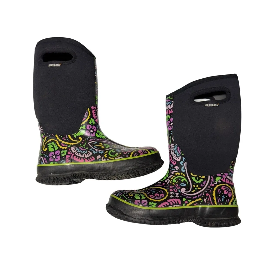 Bogs Tuscany High Rain Snow Boots Girls Sz 4 Paisley Floral Waterproof -30 Black